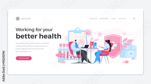 Medical work for health of patients home page banner vector. Male character doctor in white coat interviews woman.