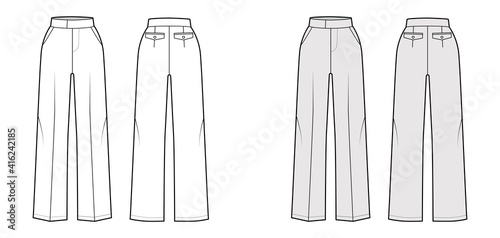 Pants tailored technical fashion illustration with extended normal waist, high rise, full length, slant pockets. Flat trousers apparel template front back white grey color. Women men unisex CAD mockup