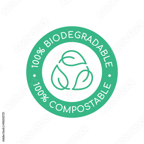 100% biodegradable 100% compostable icon, logo. Green leaves in a circle. Round biodegradable symbol. Natural recyclable packaging sign. Eco friendly product. Vector illustration, flat, clip art. 