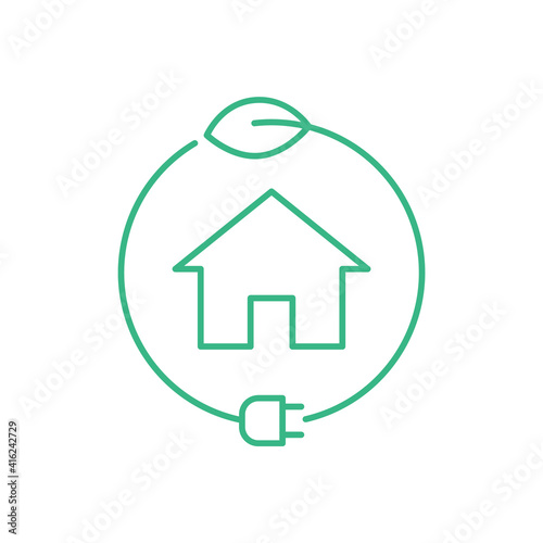 Eco house icon. Green house in a circle with a leaf and a plug. Environment friendly lifestyle sign. Zero emission smart home. Sustainable electric energy sources. Vector illustration, flat, clip art.