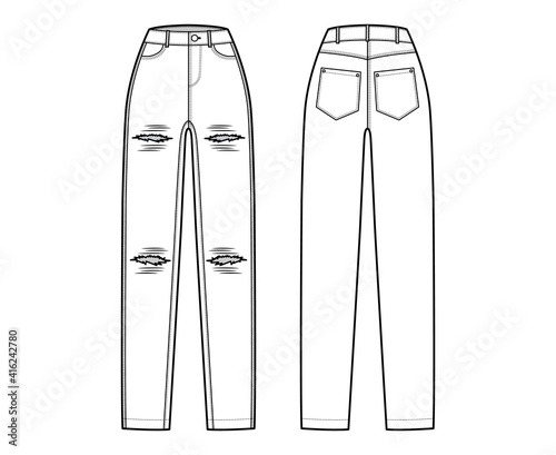 Ripped Jeans distressed Denim pants technical fashion illustration with full length, normal waist, high rise, coin, 5 pockets, Rivets. Flat bottom front, back, white color style. Women, men CAD mockup