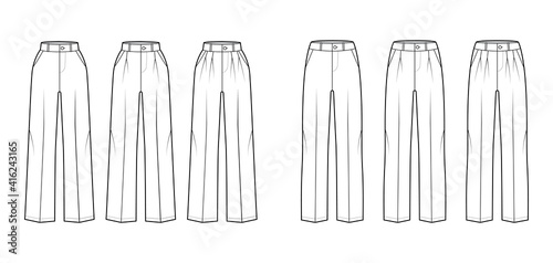 Set of Pants tailored technical fashion illustration with normal low waist, high rise, full length, slant slashed pockets. Flat trousers apparel template front white color. Women men unisex CAD mockup