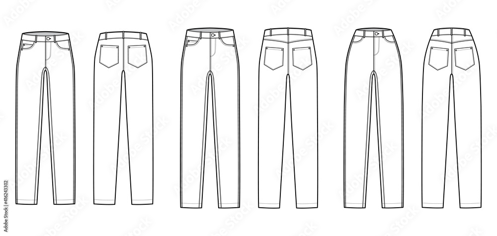 Set of Skinny Jeans Denim pants technical fashion illustration with full length, normal low waist, high rise, 5 pockets, Rivets. Flat bottom template front back white color style. Women men CAD mockup - obrazy, fototapety, plakaty 
