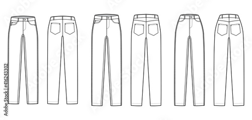 Set of Skinny Jeans Denim pants technical fashion illustration with full length, normal low waist, high rise, 5 pockets, Rivets. Flat bottom template front back white color style. Women men CAD mockup photo