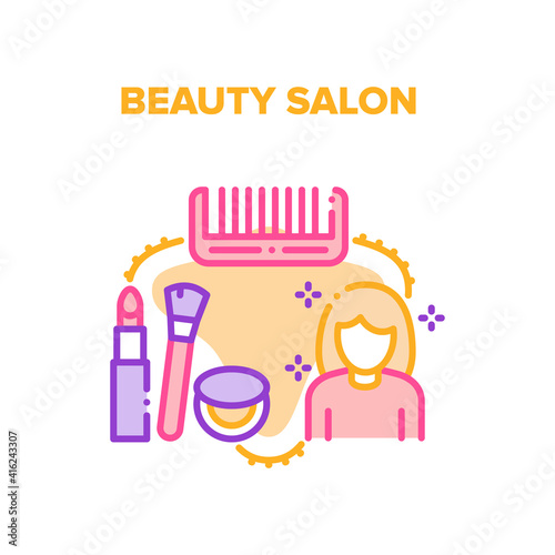 Beauty Salon Vector Icon Concept. Hairdresser Tools And Cosmetics For Makeup Woman, Beauty Salon Service. Hairdresser Comb, Stylist Lipstick And Brush With Powder Container Color Illustration