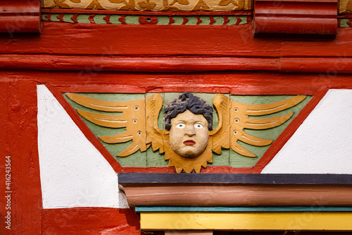 Ornament and wooden carvings of a Half timbered house in Eschwege Hesse photo