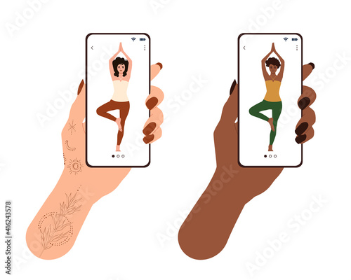 Yoga online on the phone. Girl in tattoo and african american woman using a smartphone to have yoga lesson. Phone screen with asana. Flat vector illustration