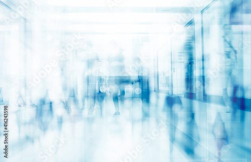 abstract defocused blurred technology space background, empty business corridor or shopping mall. Medical and hospital corridor defocused background with modern laboratory (clinic) © malija