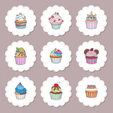 Set of cupcake toppers. Set of cupcake toppers for party with hand drawn illustration of cupcakes decorated with cream, donut, cherry, hearts, unicorn horn ets. Vector 10 EPS.