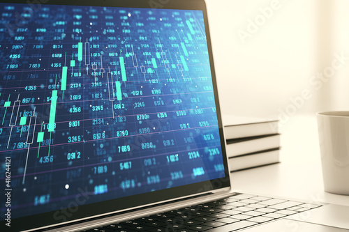 Stats data illustration on modern laptop monitor, computing and analytics concept. 3D Rendering