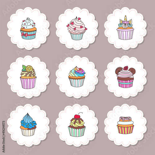 Set of cupcake toppers. Set of cupcake toppers for party with hand drawn illustration of cupcakes decorated with cream, donut, cherry, hearts, unicorn horn ets. Vector 10 EPS.