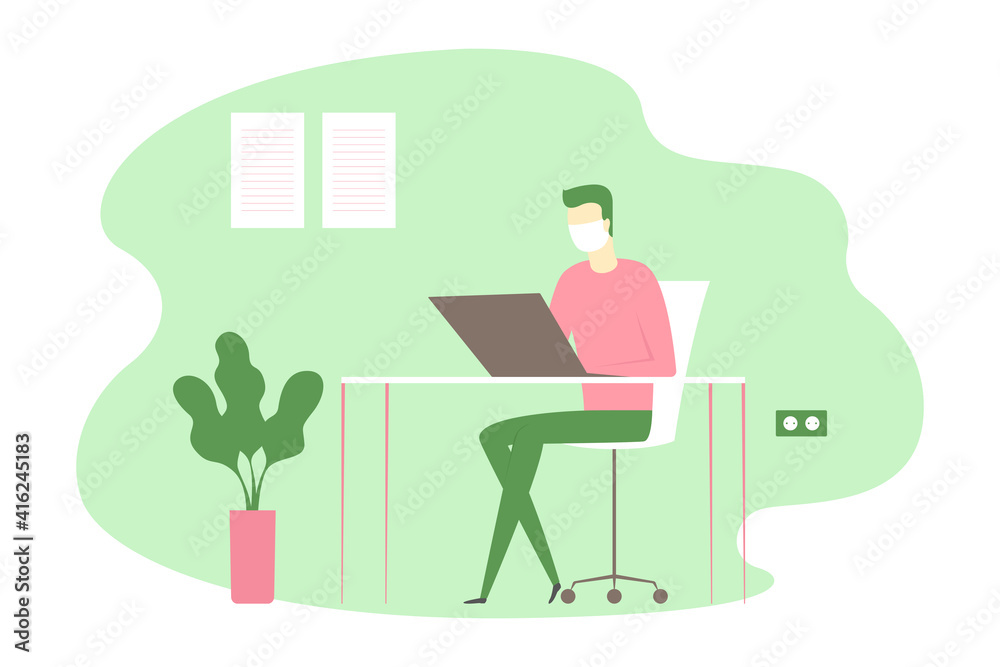 Man in medical mask sitting at desk and working on laptop. Vector illustration. Man in medical mask sitting at desk and working on laptop. Vector illustration.