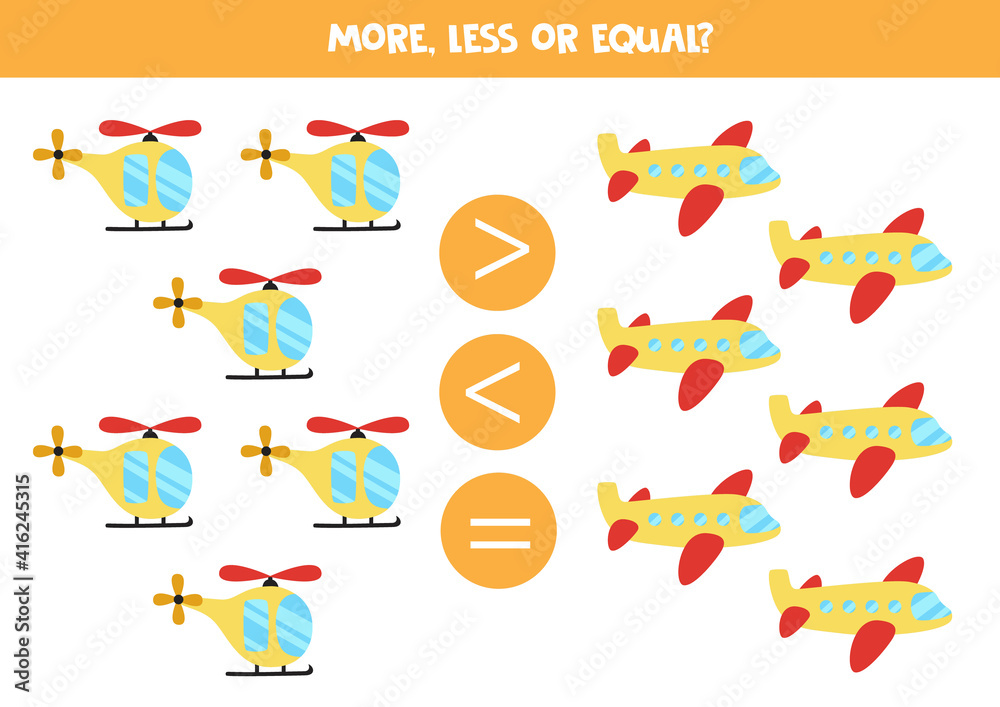 More, less, equal with cartoon helicopter and plane.
