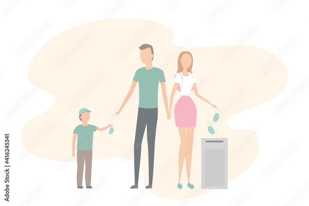 Family take off and throw out masks. Quarantine cancellation. Vector illustration.