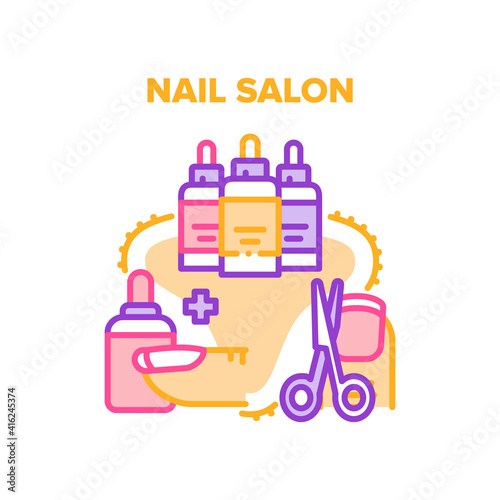 Nail Salon Treat Vector Icon Concept. Cutting And Polishing Fingernail, Fashion Manicure And Pedicure, Painted With Acrylic Varnish, Nail Salon Service. Beauty Center Color Illustration