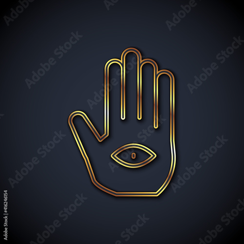 Gold line Hamsa hand icon isolated on black background. Hand of Fatima - amulet, symbol of protection from devil eye. Vector.