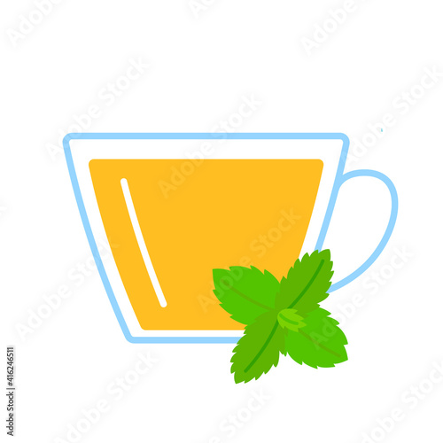 Mint herbal tea in glass cup. Teacup and leaves of fresh mint relax herb drink. Vector flat illustration