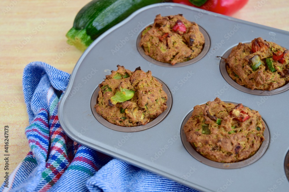 Savory vegan muffins with zucchini and bell pepper