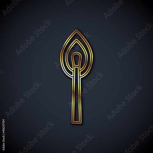Gold line Burning match with fire icon isolated on black background. Match with fire. Matches sign. Vector.