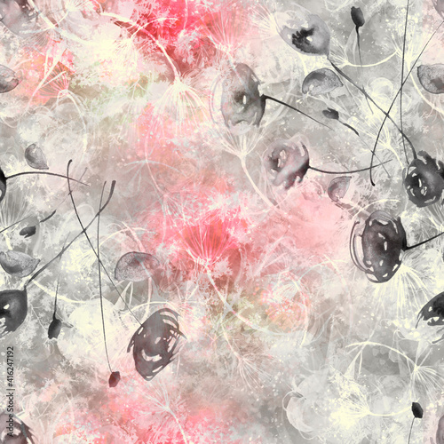 Wallpaper Mural Watercolor vintage seamless pattern, floral pattern, pink, roses, peonies,poppy.  lilac buds. Plants, flowers, grass in floral background. A bouquet of pink flowers in watercolor. Abstract paint. Torontodigital.ca