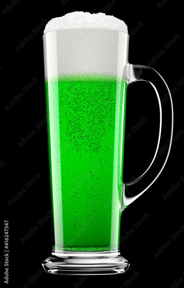 Frosty glass of draft green beer with bubble froth isolated on black background. Frosty glass of draft green beer with bubble froth isolated on black background.