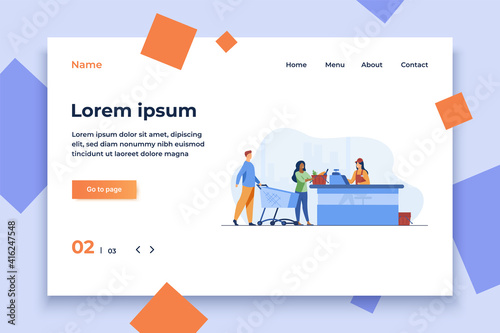 Young people standing near cashier in grocery store. Counter, payment, buyer flat vector illustration. Food, meal and products concept for banner, website design or landing web page