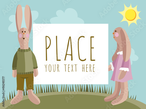 Canvas-taulu Tilda hare toys with banner on a grassplot. Vector Illustration.