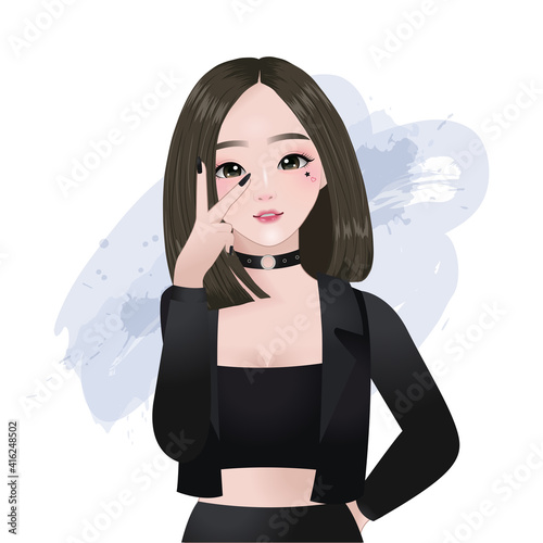 Cute girl in fashionable attire showing peace sign hand gesture. Pretty woman k-pop idol concept.