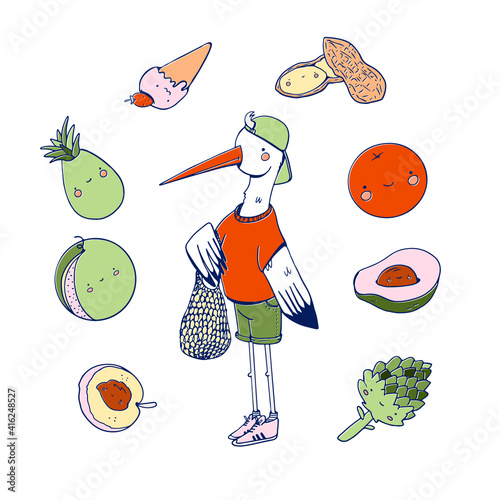 choosing between healthy and unhealthy food concept flat vector illustration. Fastfood vs balanced menu comparison isolated clipart. Stork-teenager cartoon character dieting and healthy eating.