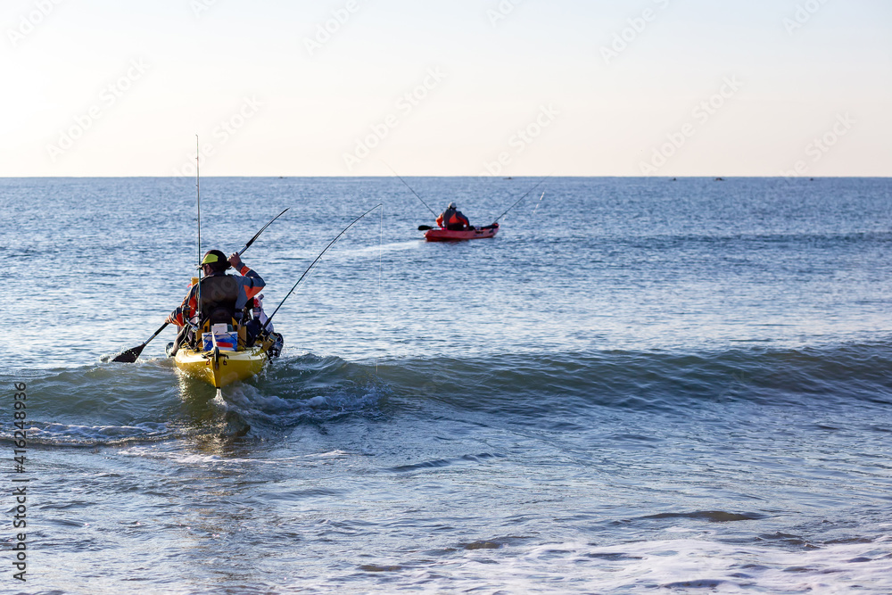 Naklejka premium kayak fishing competition in the Mediterranean Sea - Marbella. Andalusia