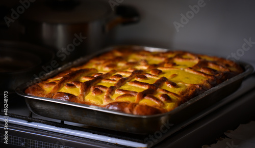 a tray with traditional Romanian cake fresh out of the oven. recipe prepared for the Easter holidays