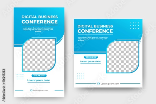 Editable social media post template design for a business conference. Usable for social media feed, story, flyers, and banners. Vector illustration with photo collage.