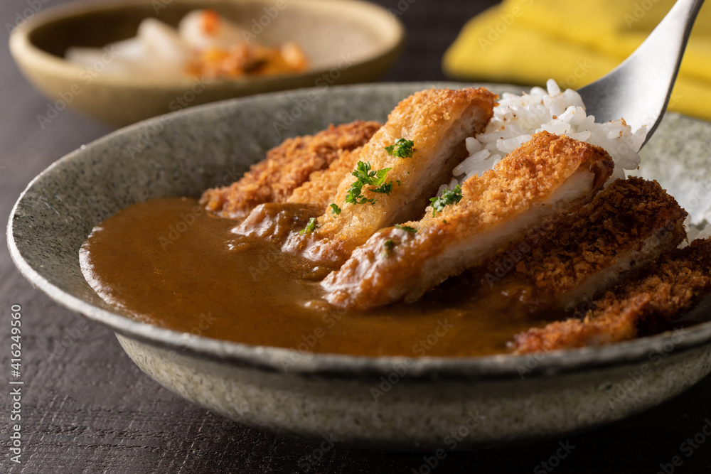スプーンですくった、カツカレーのアップ スプーンですくった、カツカレーのアップ