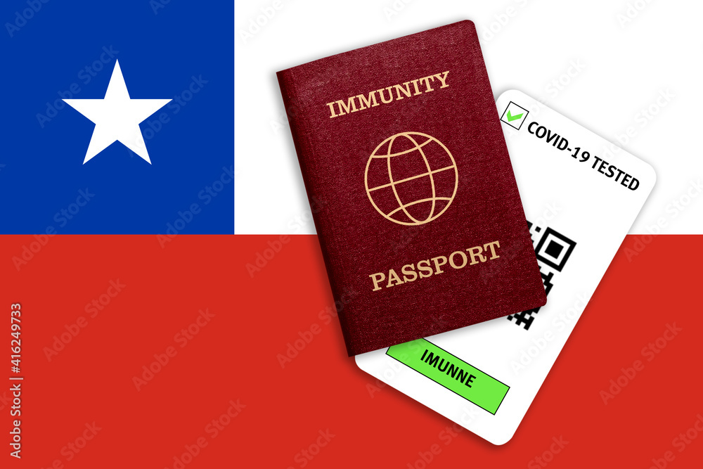 Immunity passport and test result for COVID-19 on flag of Chilie Immunity passport and test result for COVID-19 on flag of Chilie