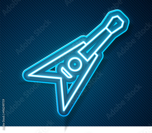 Glowing neon line Electric bass guitar icon isolated on blue background. Vector.