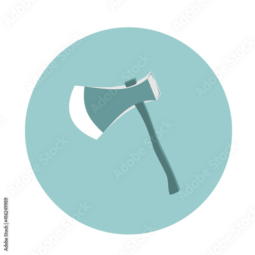 Ax icon with wooden handle in a circle in pastel green. Carpentry tools that are widely used by the community.
