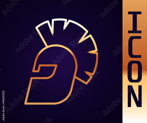 Gold line Greek helmet icon isolated on black background. Antiques helmet for head protection soldiers with a crest of feathers or horsehair. Vector.