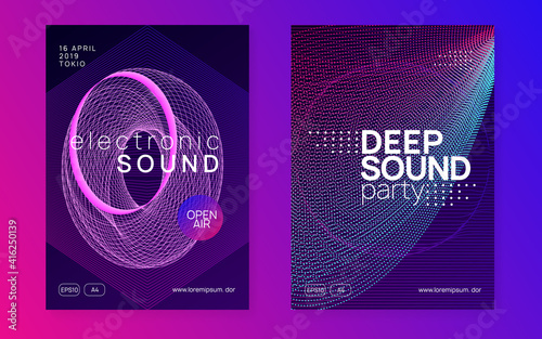 Neon music poster. Electro dance dj. Electronic sound fest. Club event flyer. Techno trance party.