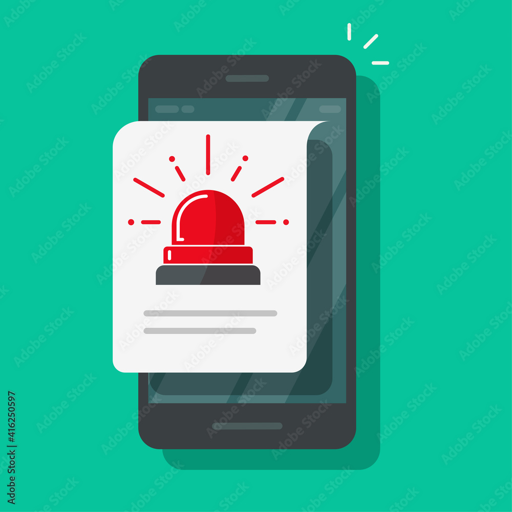 Vecteur Stock Mobile cellular phone alarm alert file icon or caution  message vector flat cartoon isolated, risk attention warning safety info  notice, smartphone notification with danger siren flasher data | Adobe Stock