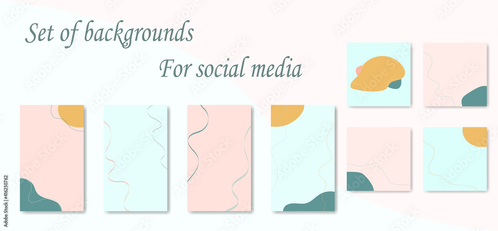 Set of backgrounds for social media posts and stories. Collection abstract vertical, square backgrounds from lines, shapes pastel colors. Copy space for text