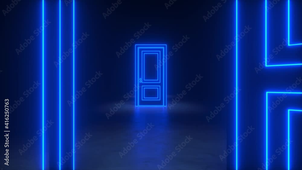 Opening blue neon doors light in black hall room. Abstract sci fi background. Corridor. Futuristic concept. Glowing in concrete floor room with reflections. Moving forward. 3d animation loop of 4K
