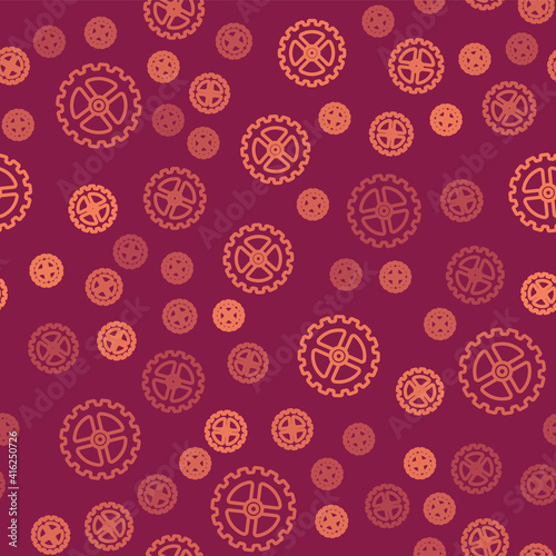 Brown line Bicycle sprocket crank icon isolated seamless pattern on red background. Vector.