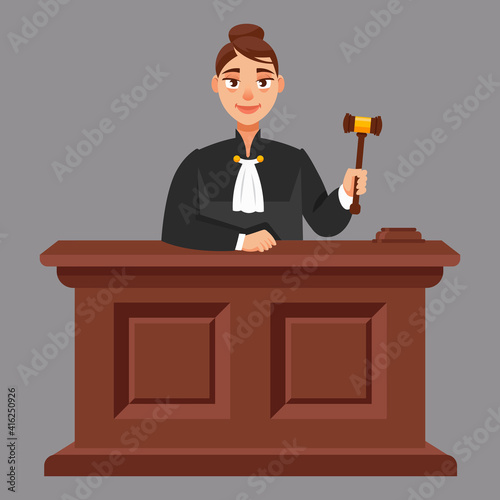 Female judge in cartoon style. Illustration of judicial process.
