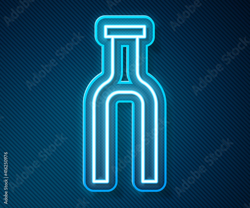 Glowing neon line Bicycle suspension fork icon isolated on blue background. Sport transportation spare part steering wheel. Vector.