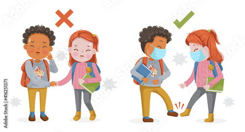 Kids hand shake with friend at school. Girl mask and a boy mask greet each other at school. New normal of greeting to avoid the spread of coronavirus (COVID-19). Kids are bowing. Social distancing.