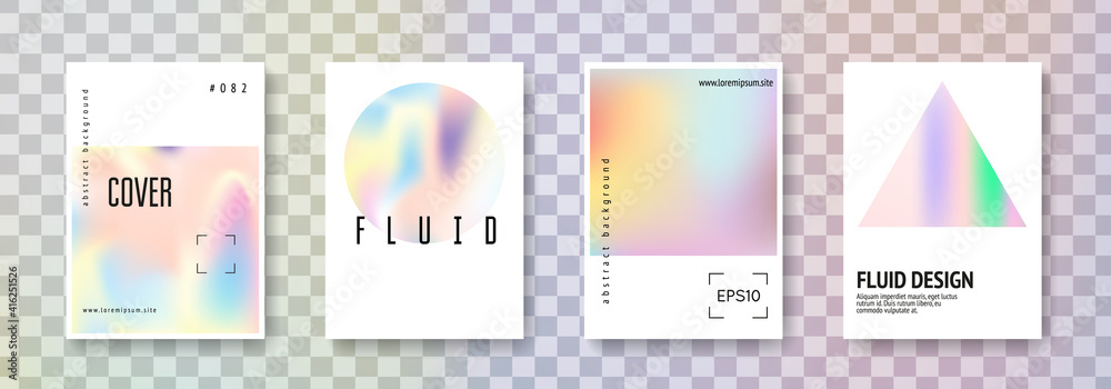 Holographic cover set. Abstract backgrounds. Liquid holographic cover with gradient mesh. 90s, 80s retro style. Pearlescent graphic template for placard, presentation, banner, brochure.