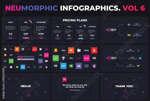 Neumorphic Vector Infographic. Presentation slide template. Pricing plans. Title, quote banners. Data visualisations scheme, structure. 