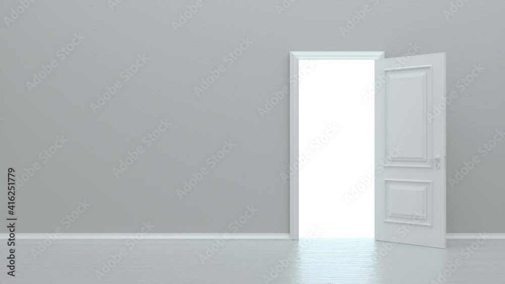 Door in a bright white room opens and fills the space with bright white. Concept of new innovations, future and hope, new beginning or a win. 3D animation 4K Door in a bright white room opens and fills the space with bright white. Concept of new innovations, future and hope, new beginning or a win. 3D animation 4K