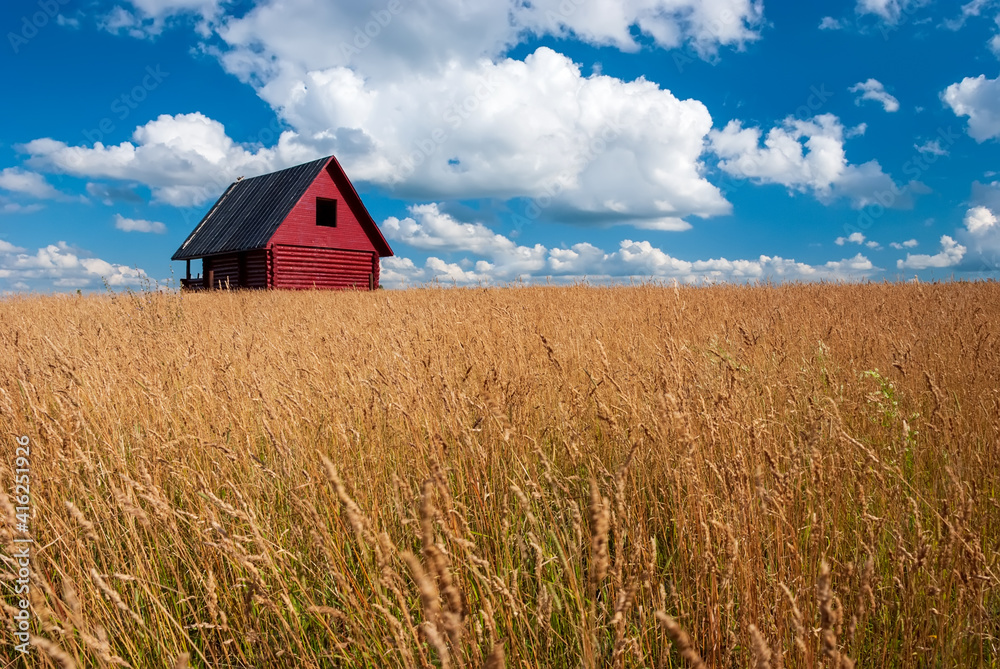 Standing house of bars stands in a field against the background of autumn grass and blue sky with clouds. Standing house of bars stands in a field against the background of autumn grass and blue sky with clouds.