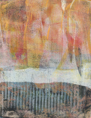 Gel print abstract art background with orange and grey tones